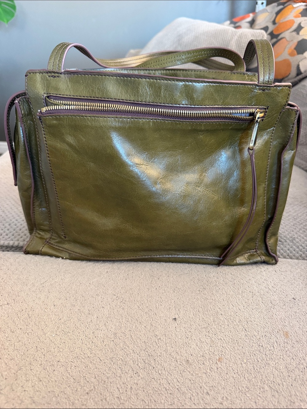 HOBO Olive Green Leather Shoulder Bag with Front Zip